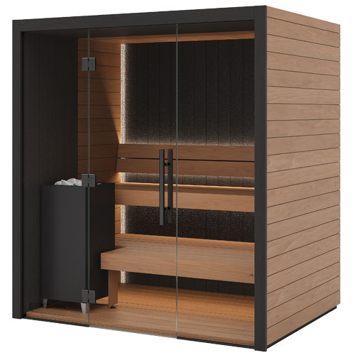 Wooden sauna with black exterior on a white background