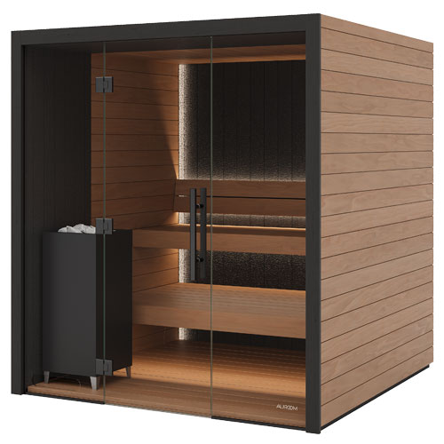 Wooden sauna with glass door and black interior on a white background