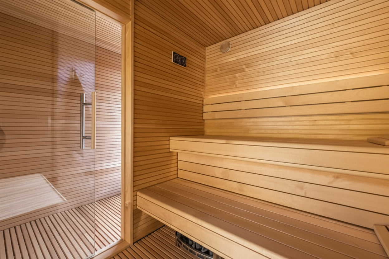 Wooden sauna with bench and glass door