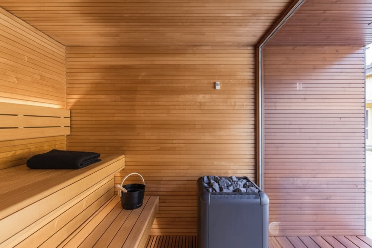 Wooden sauna interior with benches and a water bucket.