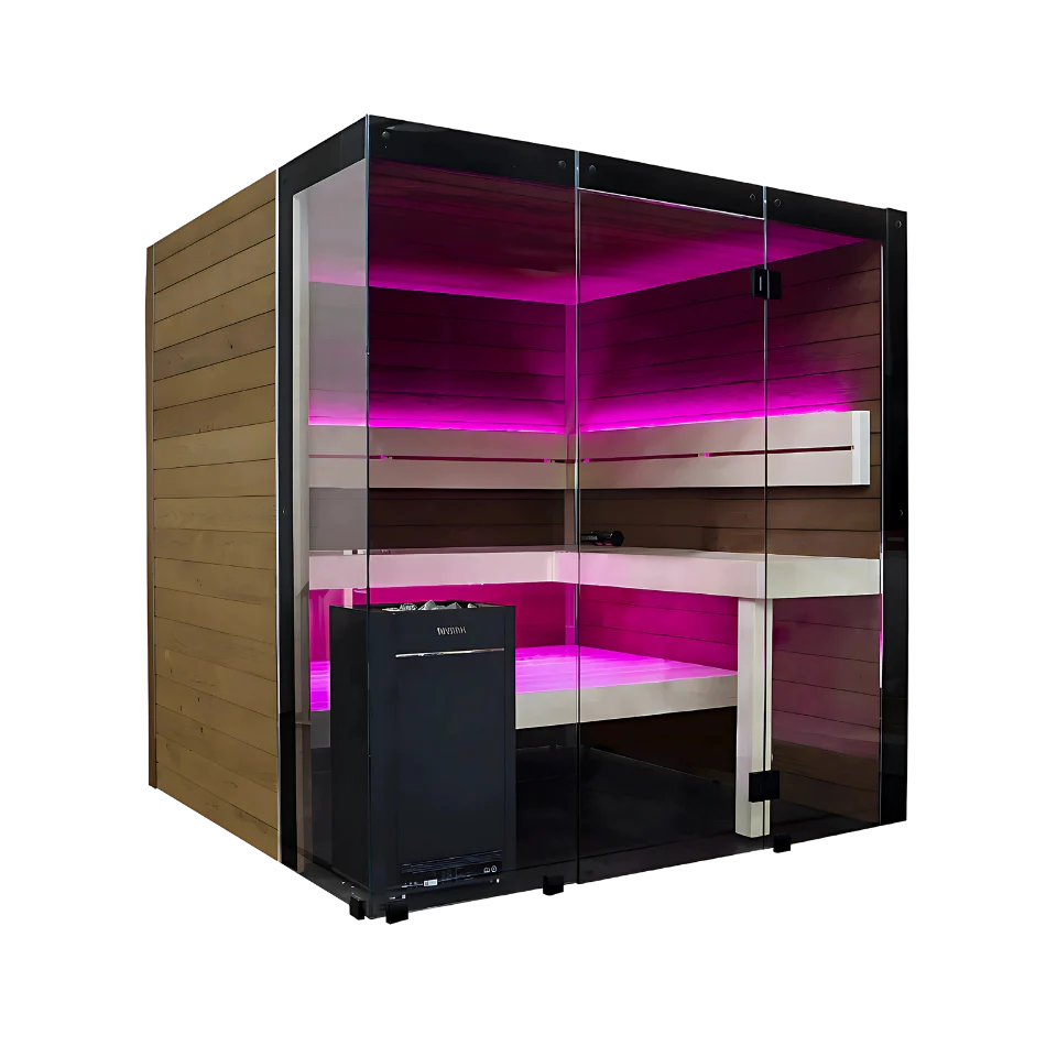 A modern double sauna cabin with wood-paneled exterior walls, glass doors, built-in wooden benches, and bright pink ambient lighting inside, shown with a black sauna heater unit on a white background.
