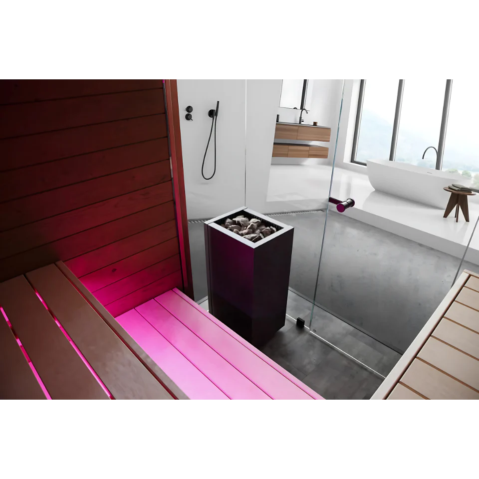 Modern bathroom with a sauna-like room, shower, and bathtub.