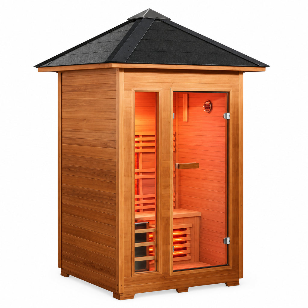 A wooden outdoor sauna cabin with a dark gray pointed roof, glass doors, and visible interior heating elements, shown on a plain white background.