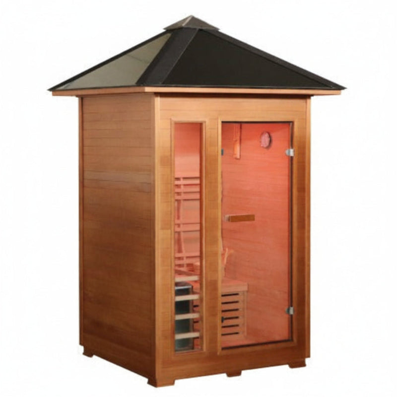A wooden outdoor sauna cabin with a dark gray pointed roof, glass doors, and visible interior heating elements, shown on a plain white background.