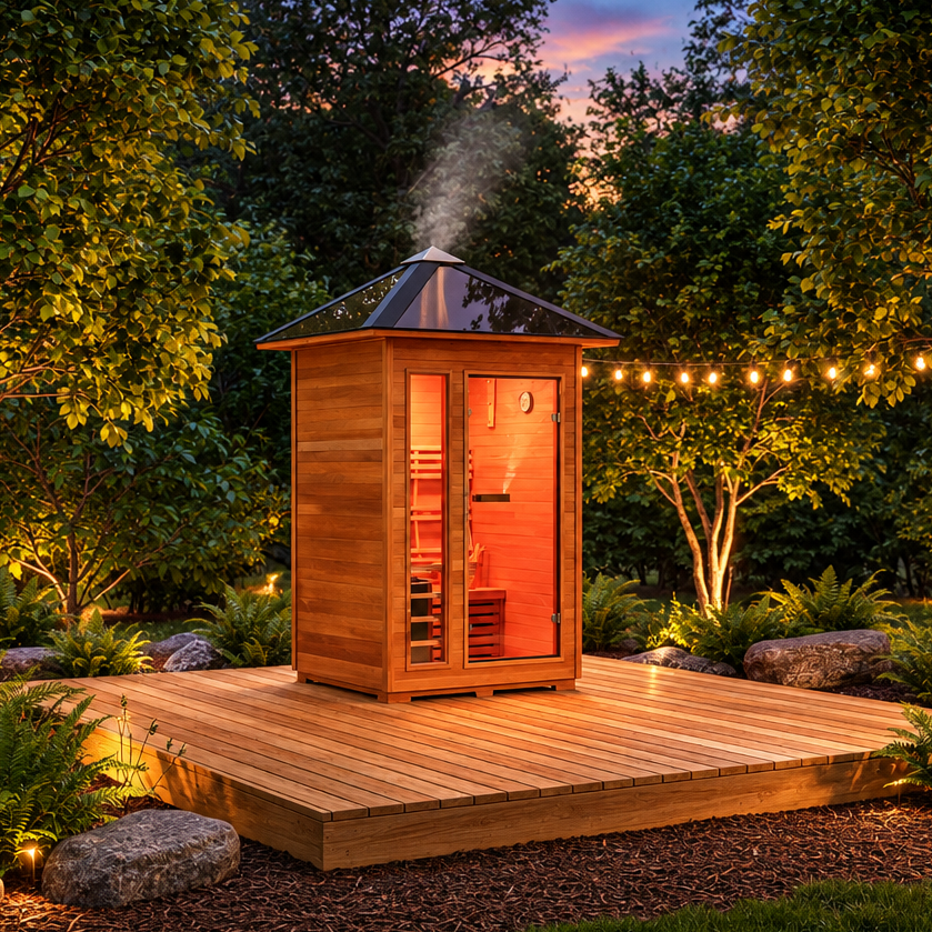 Sunray Saunas Sunray Bristow 2-Person Outdoor Traditional Sauna in outdoor set-up