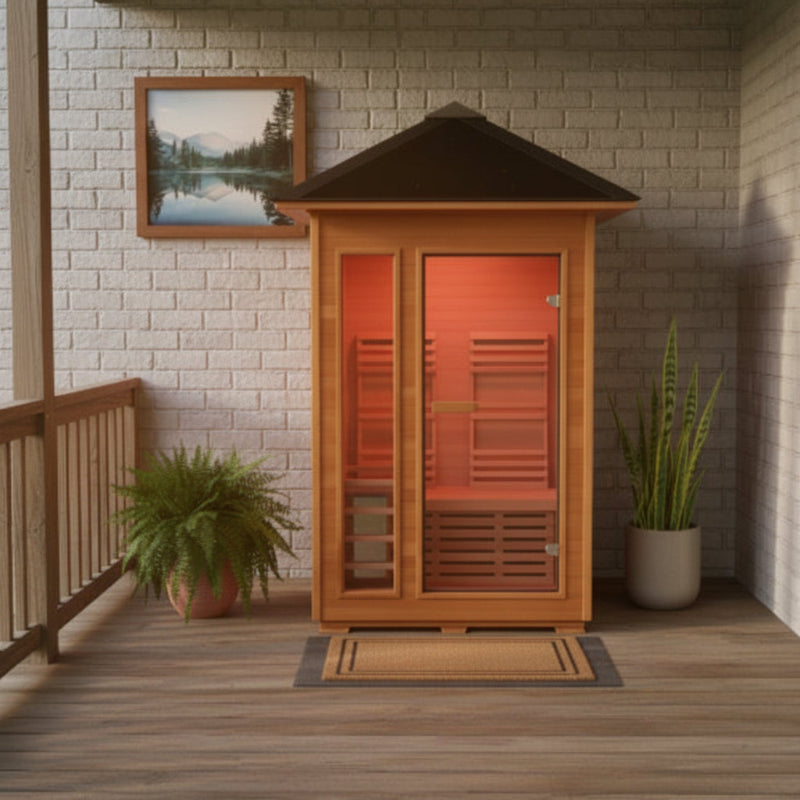 A wooden outdoor sauna with a black roof and glowing orange interior, placed on a wooden deck against a light gray brick wall with potted plants and a framed landscape picture.