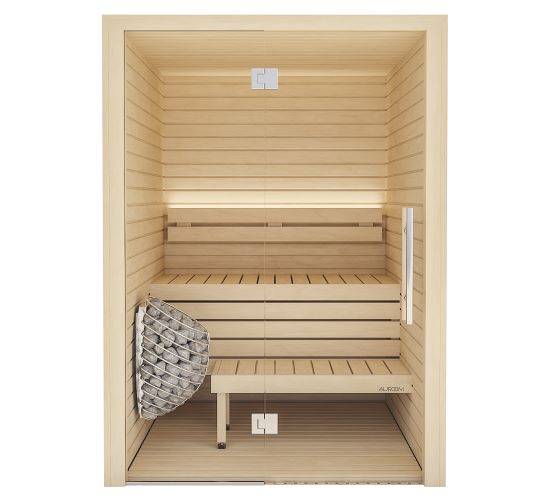Wooden sauna with benches and a sauna heater with stones on a white background