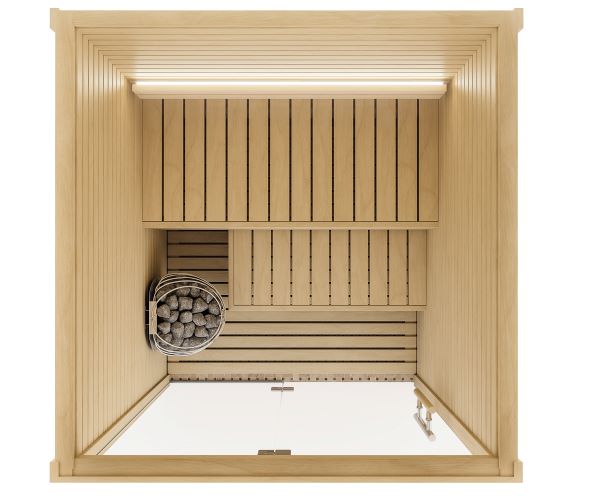 Wooden sauna with a sauna heater and a bucket of stones on a white background