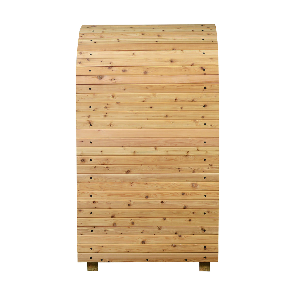 CRM Sauna Next Outdoor Changing Room with A wooden sauna with a curved back wall made of horizontal pine slats, supported by two small wooden legs, shown against a plain white background.