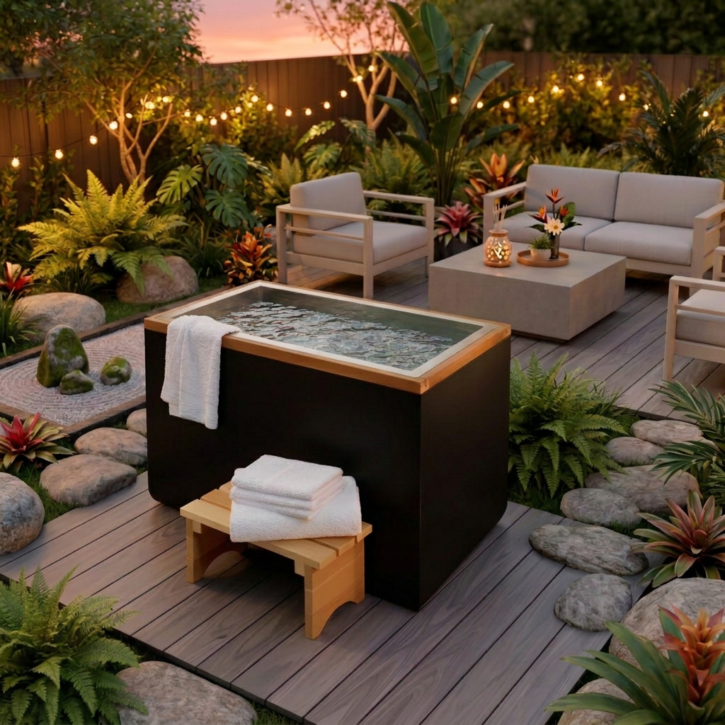 Cuboid XL cold plunge on a backyard deck with patio furniture and towels