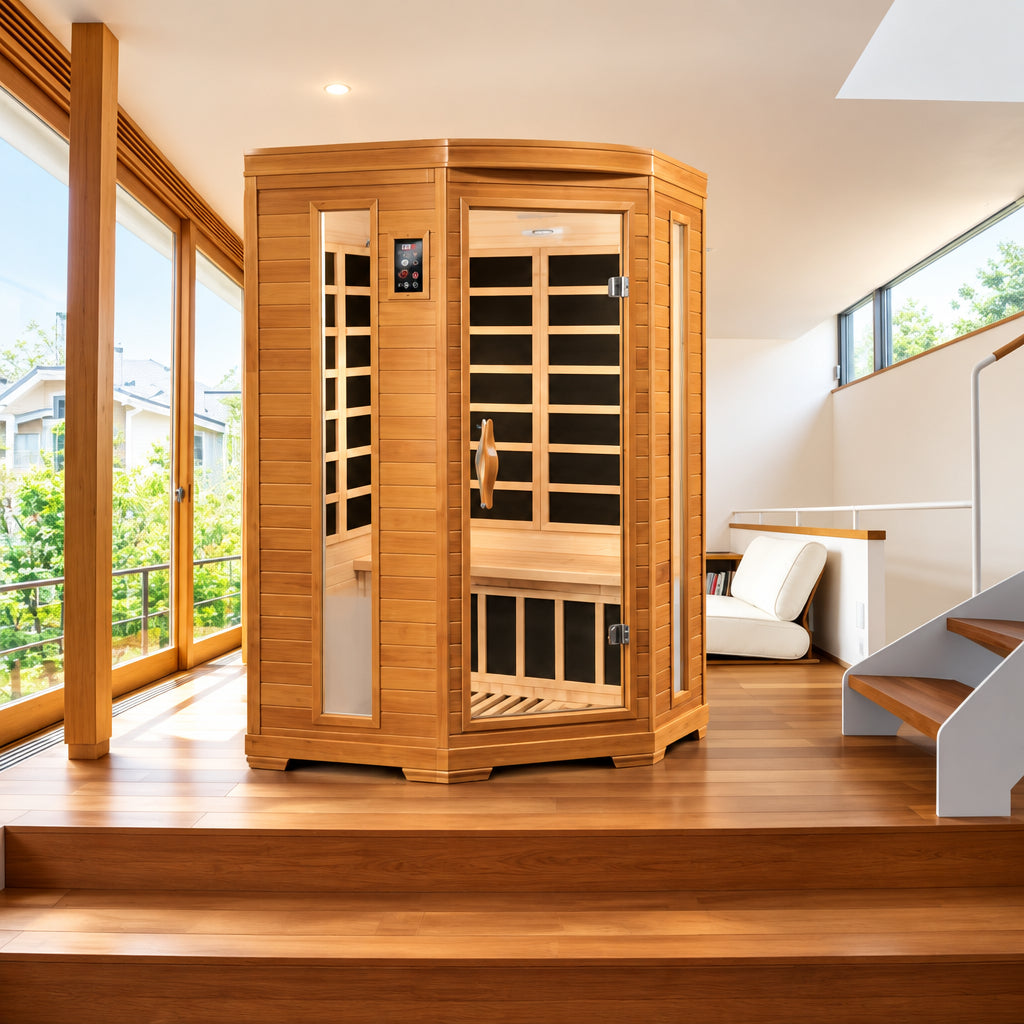Dynamic Heming corner infrared sauna in a bright modern room with large windows