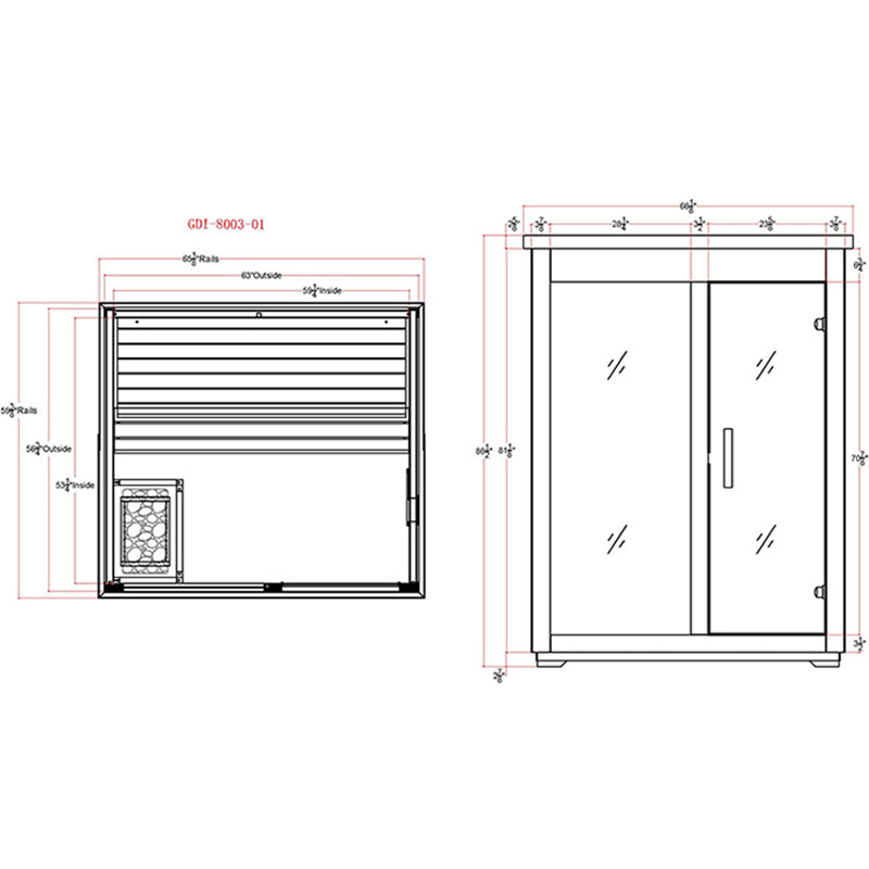 Floor plan and front elevation dimension diagram for the Arlberg flat roof