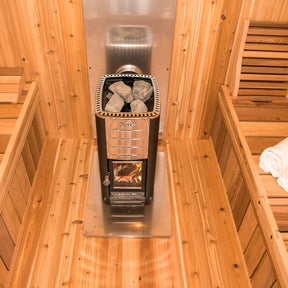 Dundalk Leisure Knotty Cedar Outdoor Luna Sauna inside view with heater