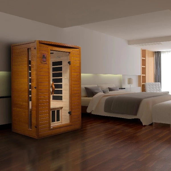 Dynamic Saunas 2-Person Far Infrared Sauna Versailles HF DYN-6202-03 - Room set up with the sauna beside the bed