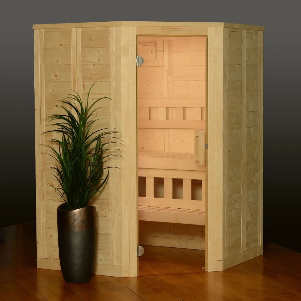 Almost Heaven Sutton 2 Person Indoor Sauna Wooden sauna with a plant in a pot on a wooden floor