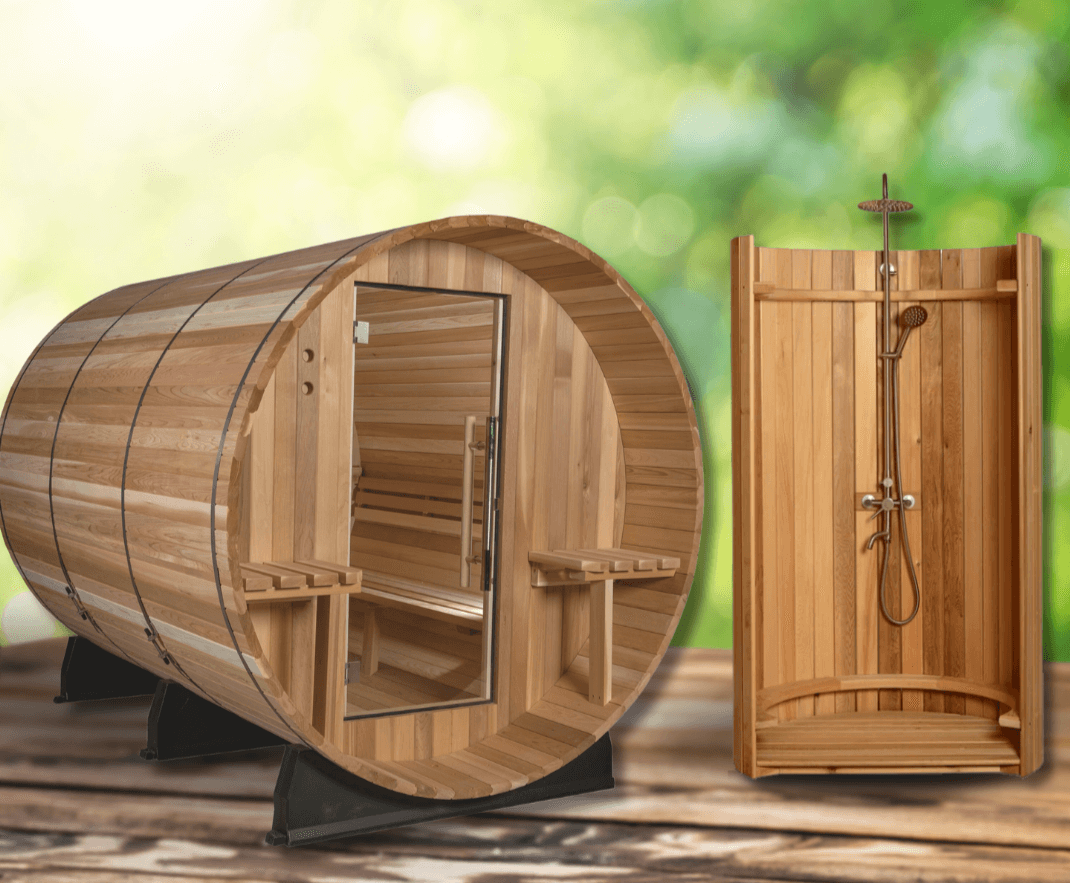 Almost Heaven Huntington 6-Person Canopy Barrel Sauna & Ellipse Outdoor Shower Set