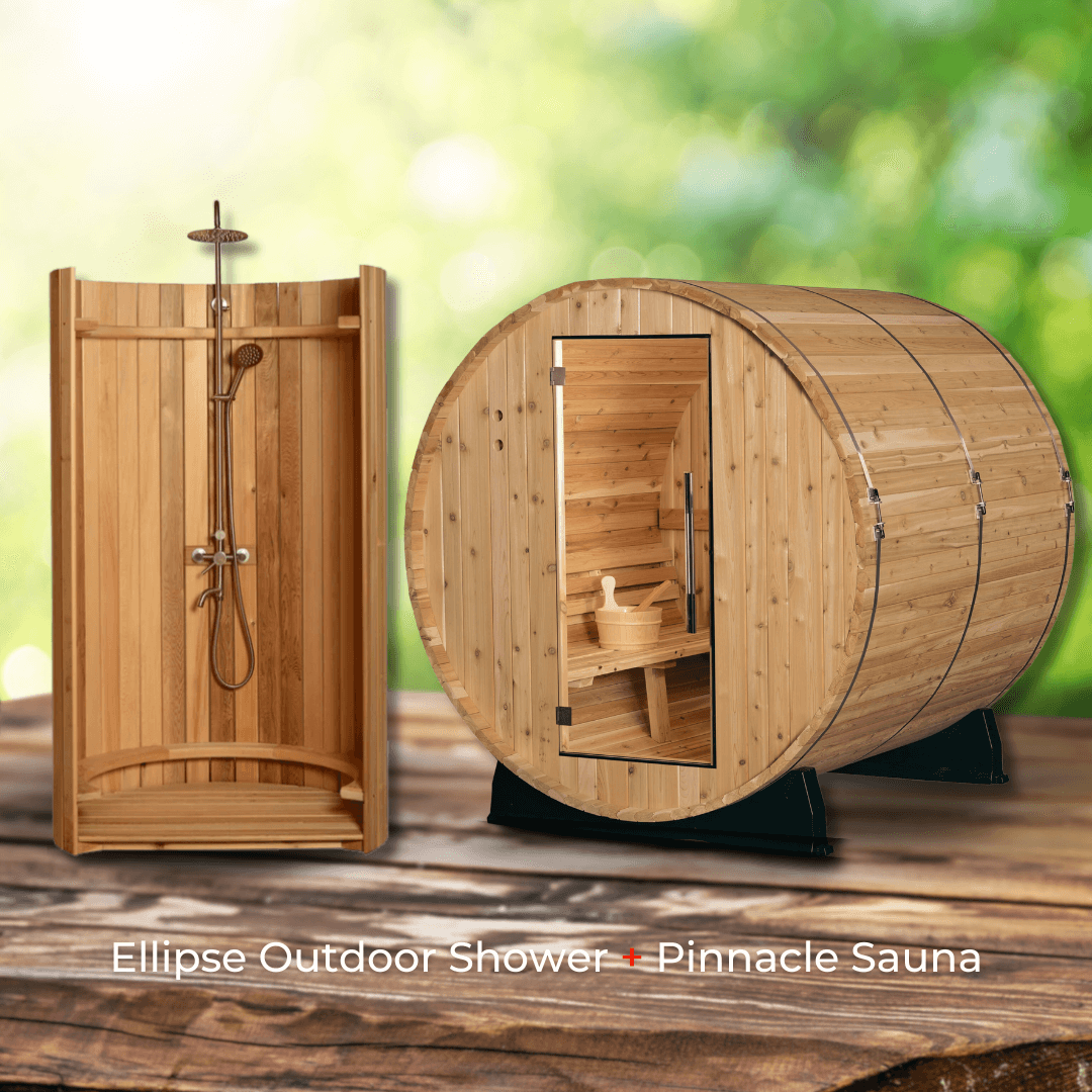 Almost Heaven Saunas & Showers Almost Heaven Pinnacle 4 Person Outdoor Barrel Sauna &  Almost Heaven Ellipse Outdoor Shower