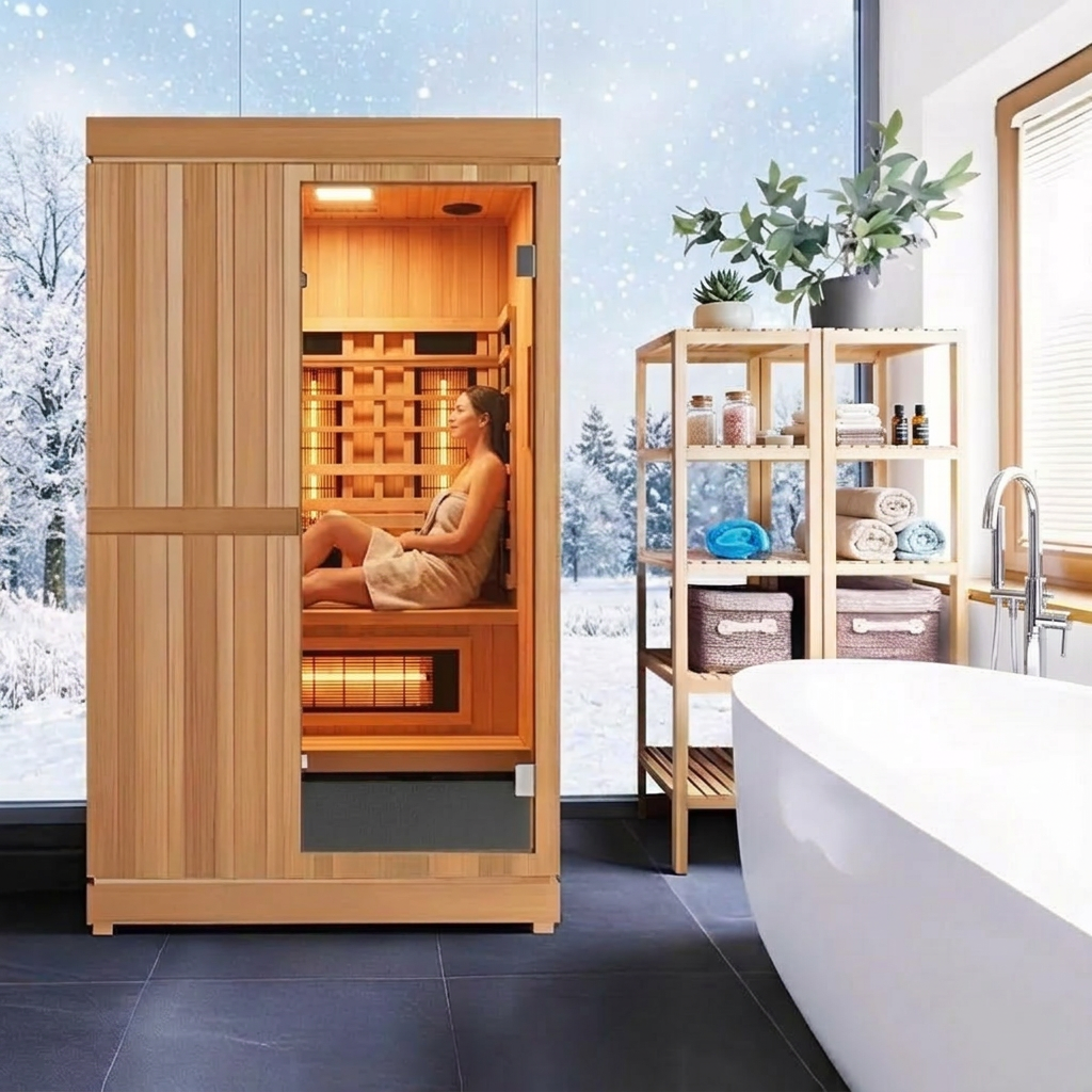 Woman relaxing inside the FD-4 Trinity in a bathroom with a snowy window view