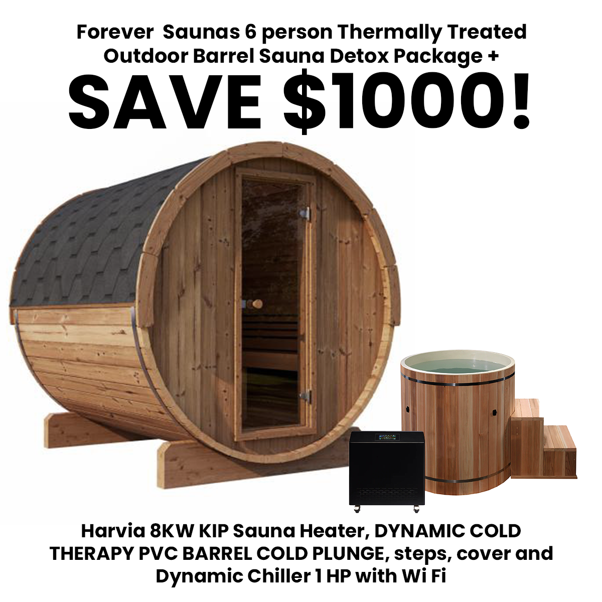 Forever Saunas 6 person Thermally Treated Outdoor Barrel Sauna Detox Package