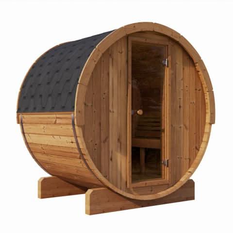 Wooden barrel-shaped sauna with a black roof on a white background