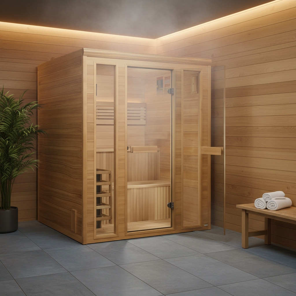 A wooden infrared sauna cabin with glass doors, set inside a modern wood-paneled room with a tiled floor, a bench with rolled towels, and a potted plant.