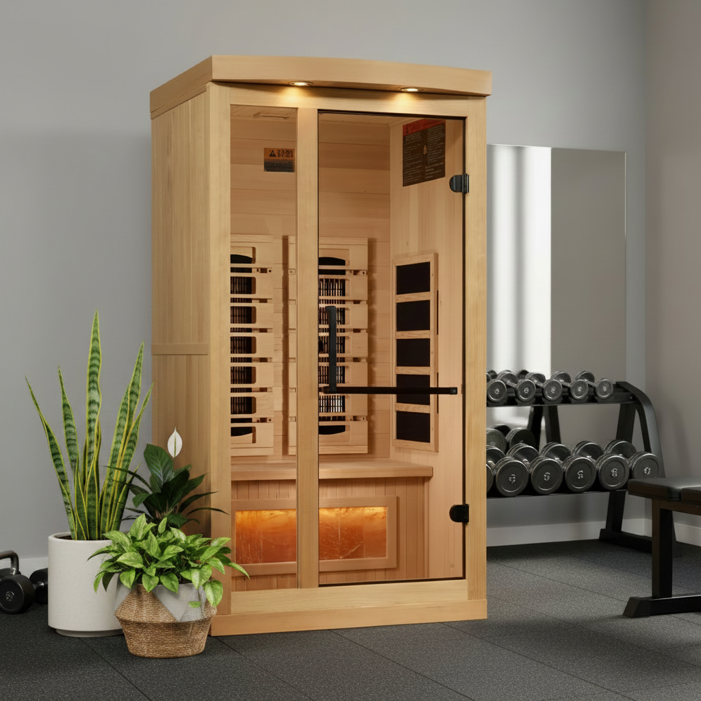 A light wood infrared sauna cabin with warm interior lighting, placed in a modern home gym setting with dumbbells, a bench, and potted plants.