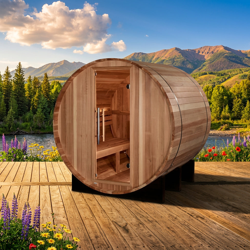 Golden Designs St. Moritz barrel sauna on a wooden deck with mountains behind