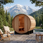 St. Moritz barrel sauna, angled view of the glass door and side