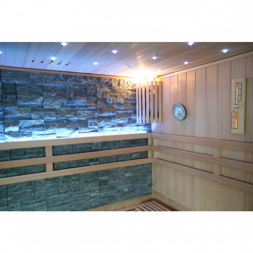 A wooden sauna interior with light wood paneling, stone tile walls, built-in seating, ceiling lights, a round wall clock, and a control panel.