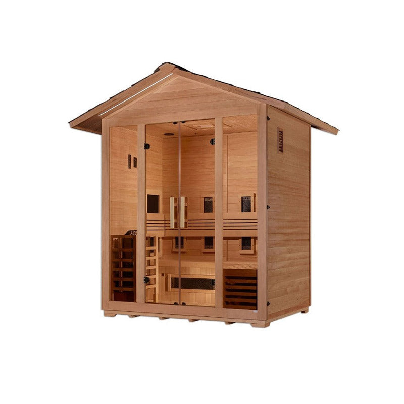 Golden Designs "Gargellen" 5 Person Hybrid (PureTech™ Full Spectrum IR or Traditional Stove) Outdoor Sauna - Canadian Hemlock