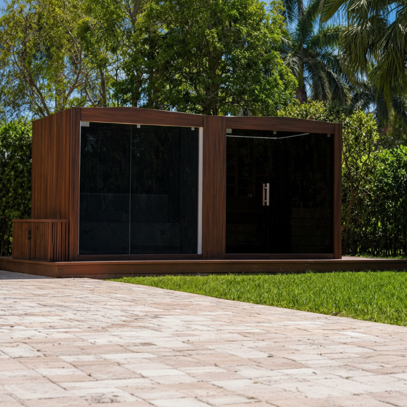 Elegant backyard wellness cabin featuring a glass-enclosed steam room and traditional sauna