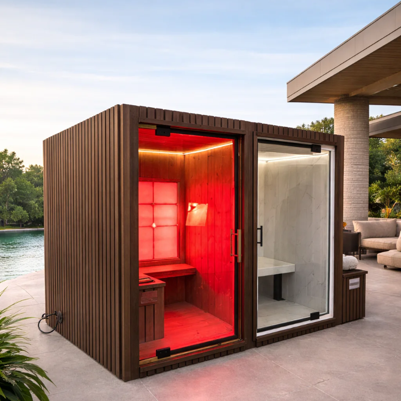 GeyserSteam Saunas GeyserSteam Minka 2 Person Outdoor/Indoor Hybrid Sauna & Steam Room Cabin with red interior light on a patio area.