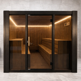 GeyserSteam Saunas ThermaPlunge with closed door in perfect led lighting inside