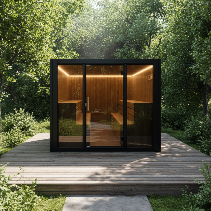 Sauna in outdoor set-up with benches 