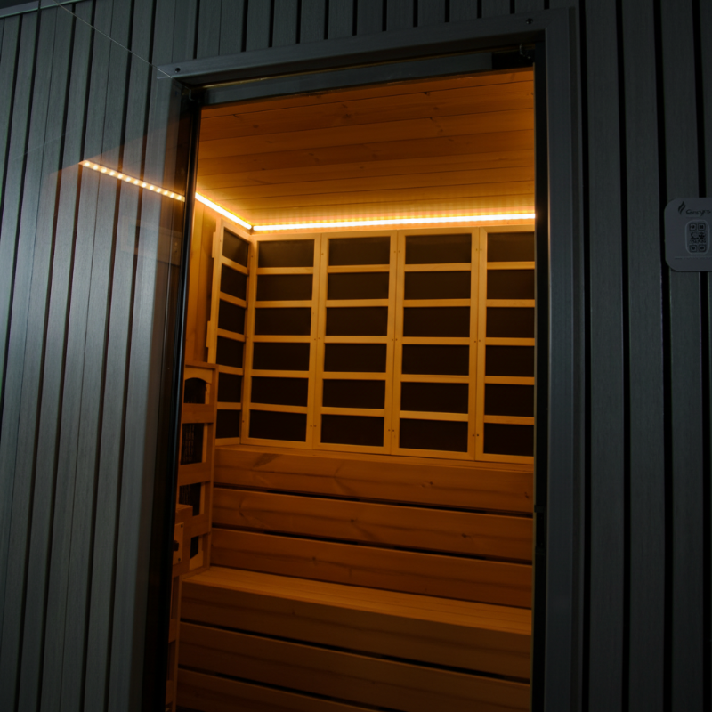 GeyserSteam Vapora - Infrared sauna with wooden benches and LED strip lighting