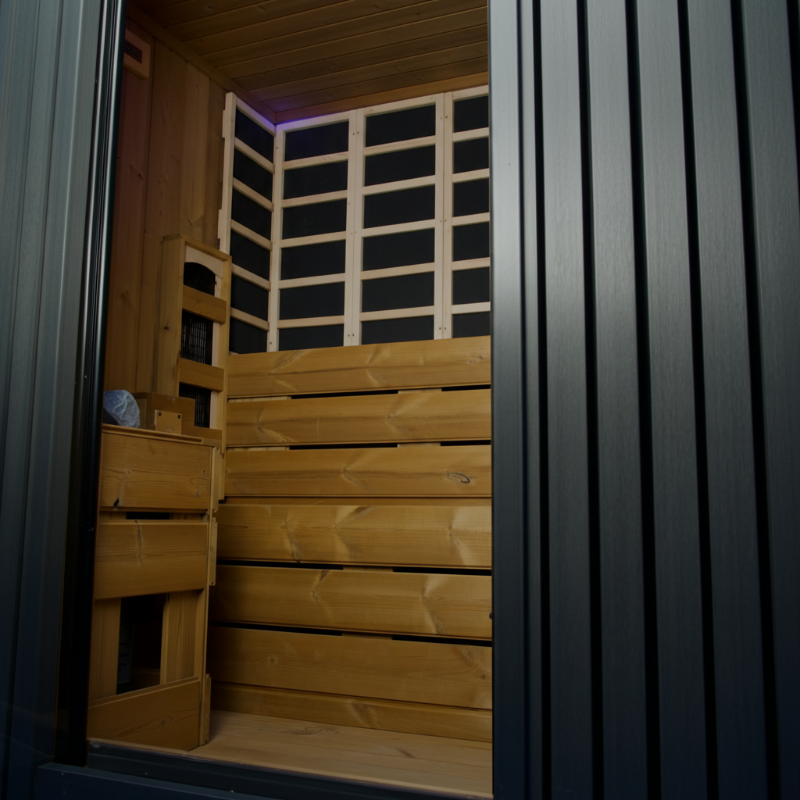 GeyserSteam Vapora dual cabin indoor traditional sauna and glass steam room interior with thermo wood benches.