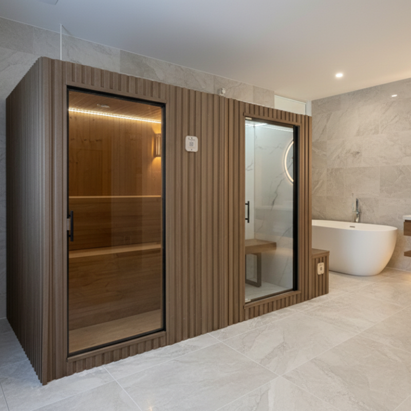 GeyserSteam sauna enclosure with a white bathtub on the side
