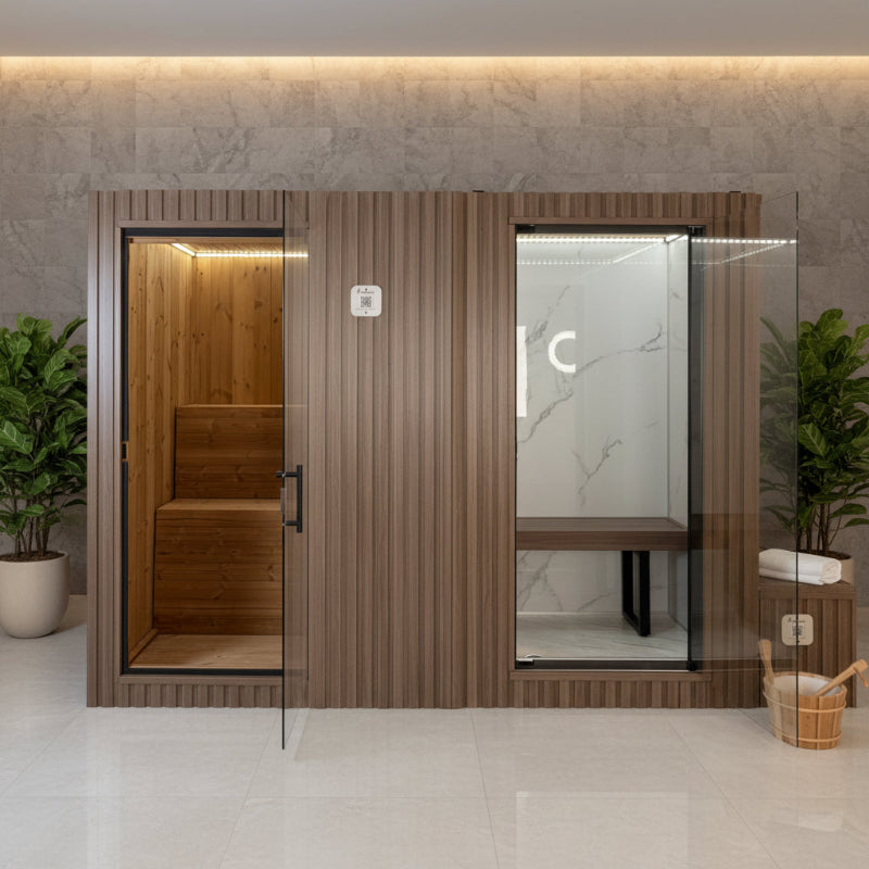 Contemporary indoor sauna and steam room with wood finishes, glass doors, and elegant stone accents.