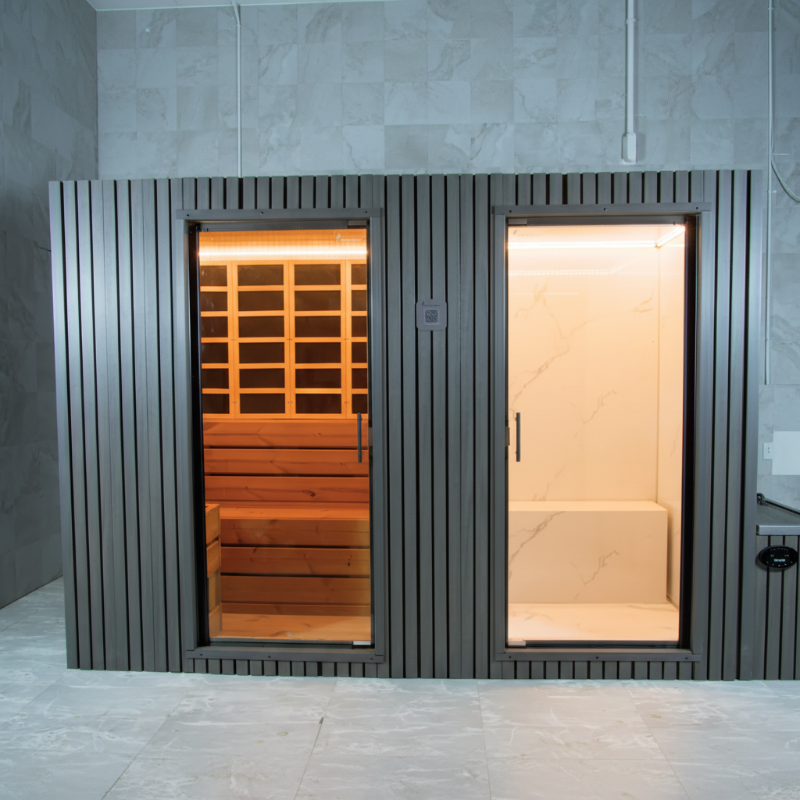 GeyserSteam Vapora 2-3 Person Outdoor/Indoor Hybrid Sauna & Steam Room Cabin in Gray Exterior Color with LED Indoor Light 