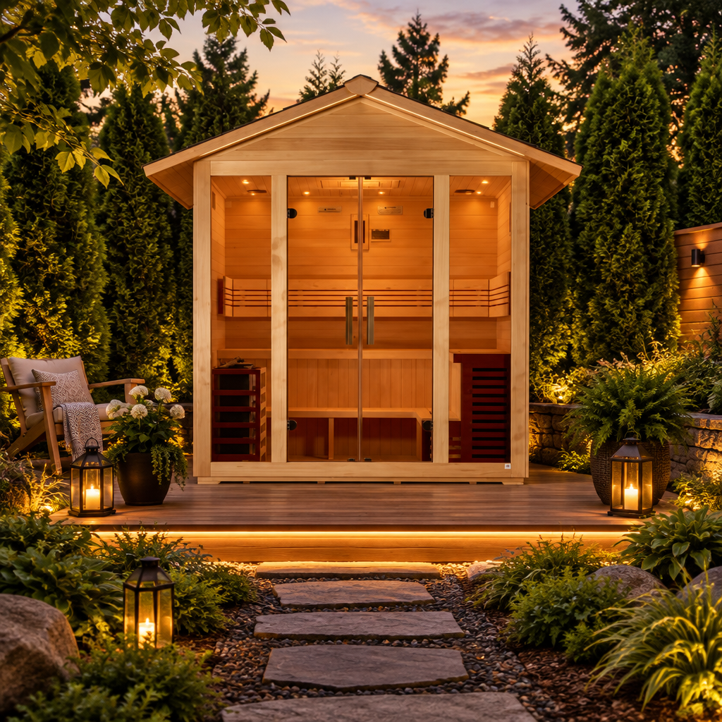 Vorarlberg gable roof sauna lit up on a backyard deck at dusk