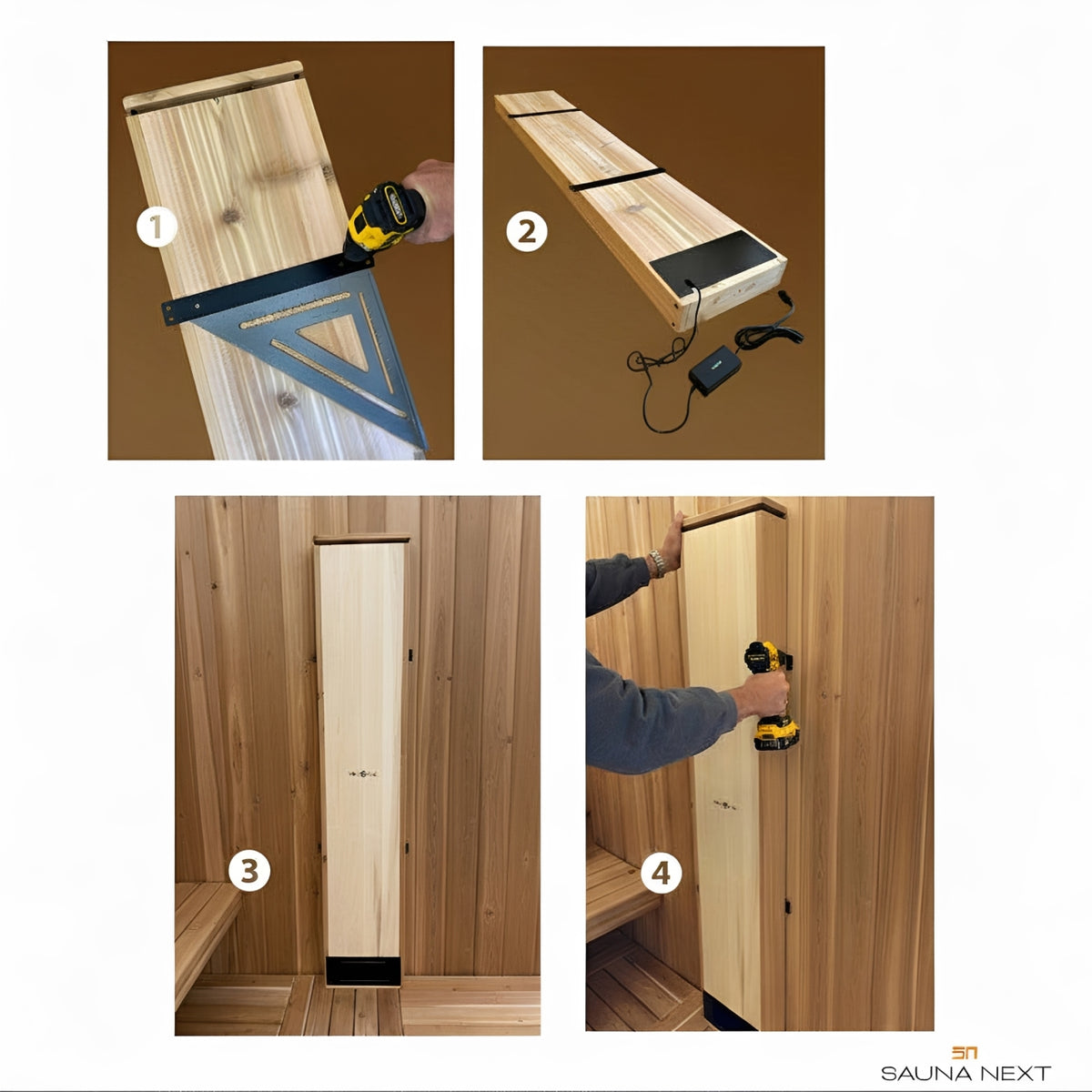 Four-panel instruction graphic showing how to install a wooden bench seat or bench component. Step 1 shows a wood board with a metal square guide, step 2 shows the board with a power adapter and cord, step 3 shows the installed bench seat against wood paneling, and step 4 shows a hand using a drill.