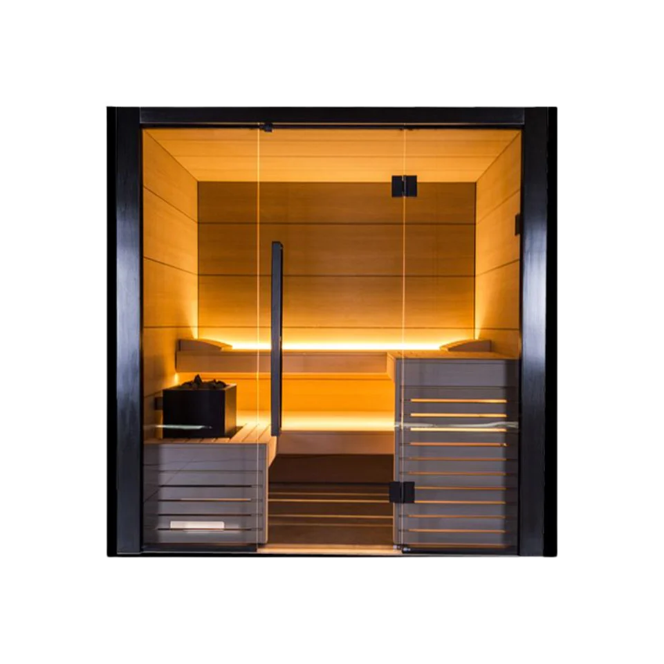 Infrared sauna with wooden interior and black exterior on a white background