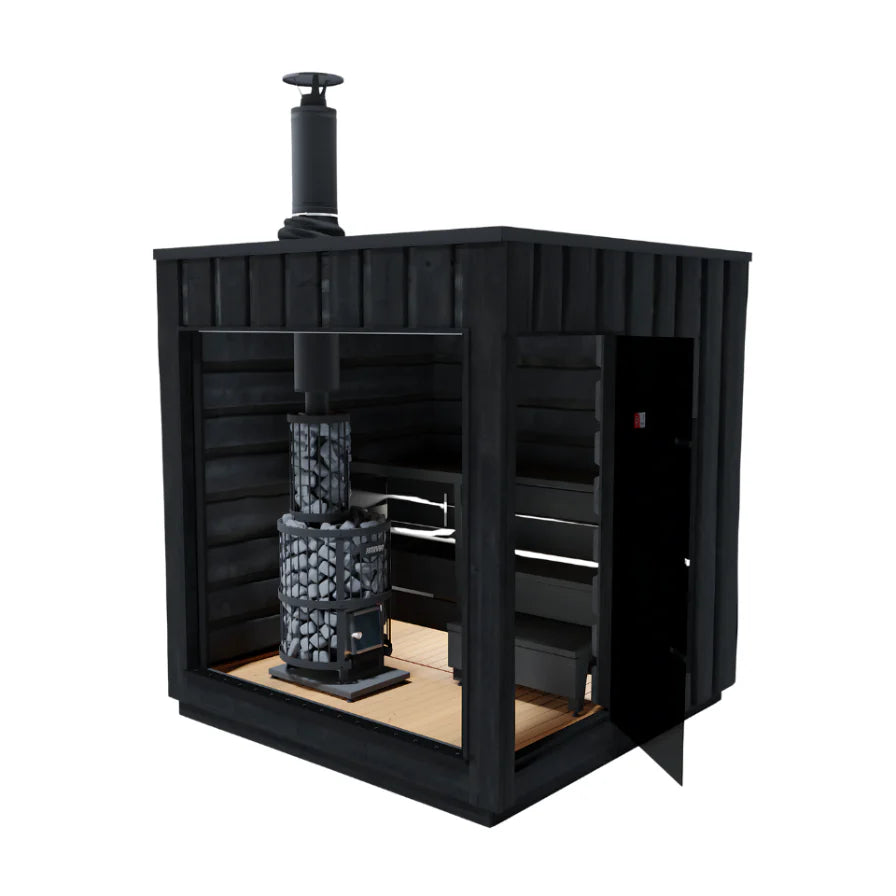 Harvia Legend Sauna with an open door and inside is a wood-burning heater with chimney.