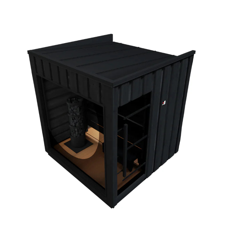 Harvia Legend sauna top view. Inside is a wood burning heater