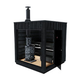 Harvia Legend Sauna with an open door and inside is a wood-burning heater with chimney.