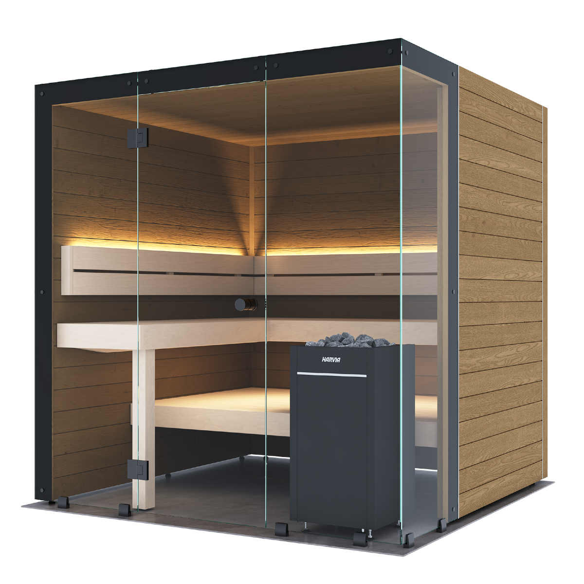 A modern outdoor sauna cabin with wood-paneled exterior walls, clear glass doors, built-in wooden benches, warm interior lighting, and a black sauna stove with visible stones, shown on a plain white background.