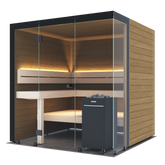 A modern outdoor sauna cabin with wood-paneled exterior walls, clear glass doors, built-in wooden benches, warm interior lighting, and a black sauna stove with visible stones, shown on a plain white background.