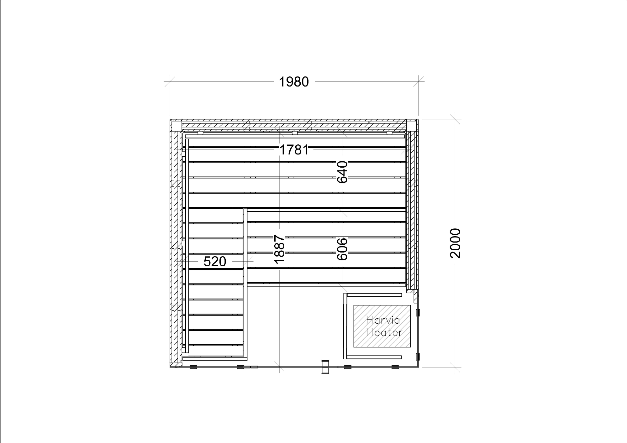 A black-and-white technical floor plan diagram showing dimensions and layout measurements for a compact sauna or steam room unit, with labels including 1980, 2000, 1781, 640, 606, 1867, and 520.