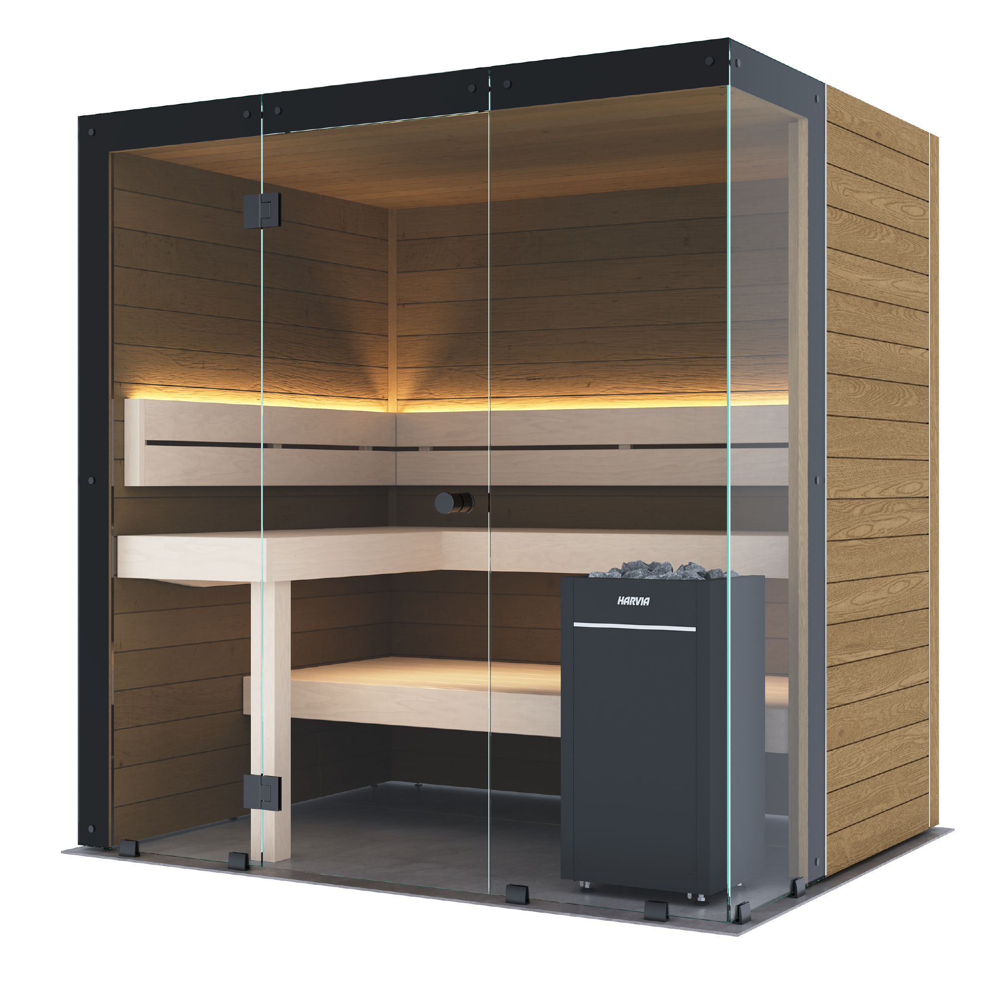 A modern indoor sauna cabin with wood-paneled walls, glass doors, built-in wooden benches, warm LED lighting, and a dark gray sauna stove/chiller unit on a white background.