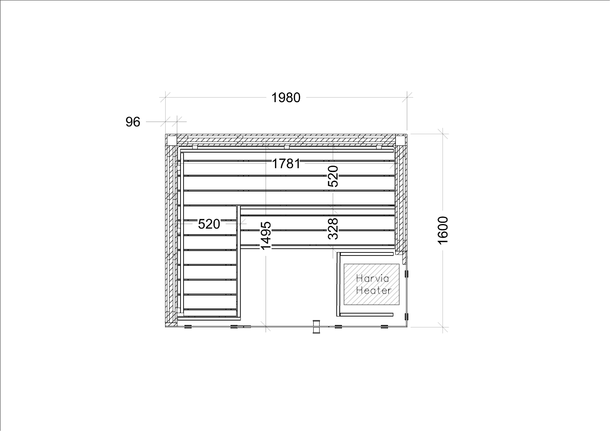A black-and-white technical floor plan or layout diagram showing dimensions, with labels such as 1980, 1800, 1781, 520, 1465, 328, and 96, plus a small marked area reading Honda Heater.